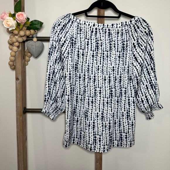 Halston 3/4 Sleeve Blue White Blouse Petite Size Small - Picture 4 of 7